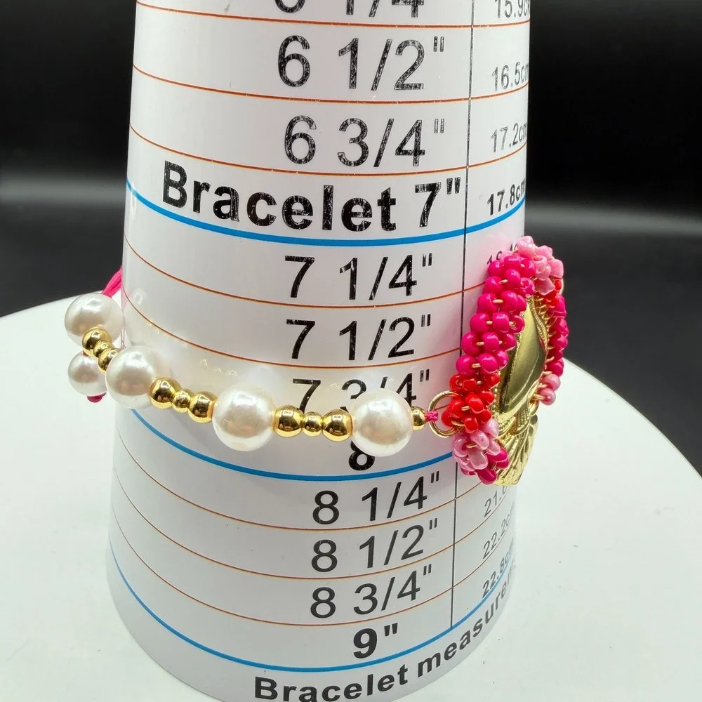 Sacred Heart Bracelet Pink Beaded Pearl Adjustable Gold Tone Valentine Boho